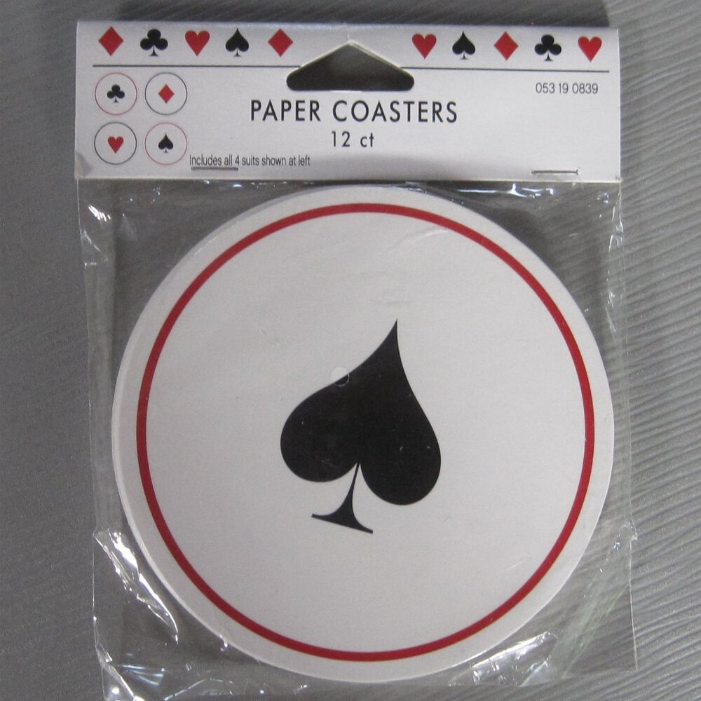 Vintage Set of 12 Paper Coasters Card Suits, Cardboard Disposable Heart, Club, D